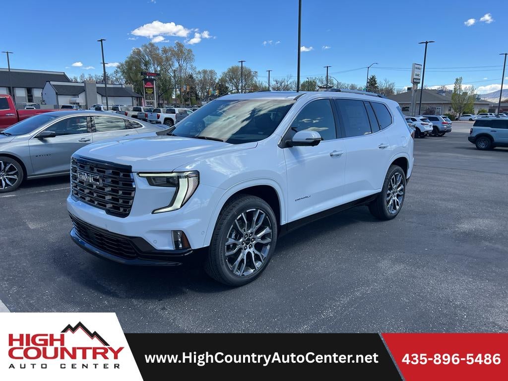 2026 GMC Acadia Denali Ultimate in Glacier White Tricoat — front three-quarter view
